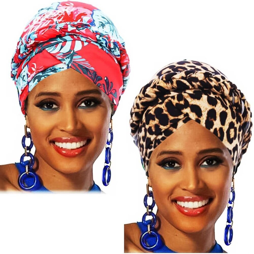 African Turban Leopard Print Stretch Headwear Print Pattern Head Scarf Elastic B